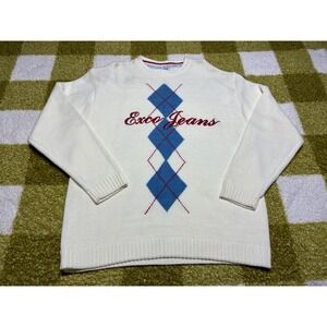 Vintage Exco Jeans Argyle Knit Sweater Off White Blue Red XL‎ 280503 Streetwear
